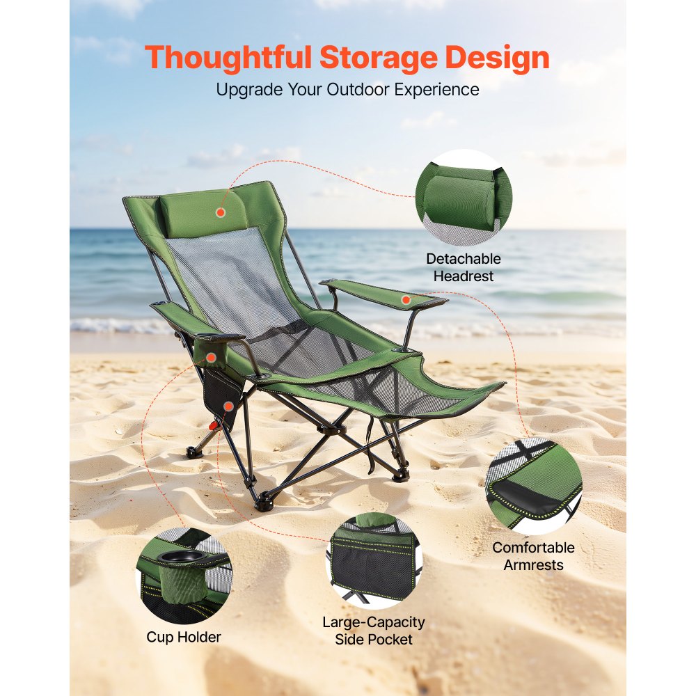 VEVOR Reclining Camping Chair, 4 Adjustable Positions, Portable Folding Lounger for Adults, Mesh Beach Chair with Headrest & Foot Rest, Supports 220 lbs, Heavy Duty Camp Chairs for Patio, Green