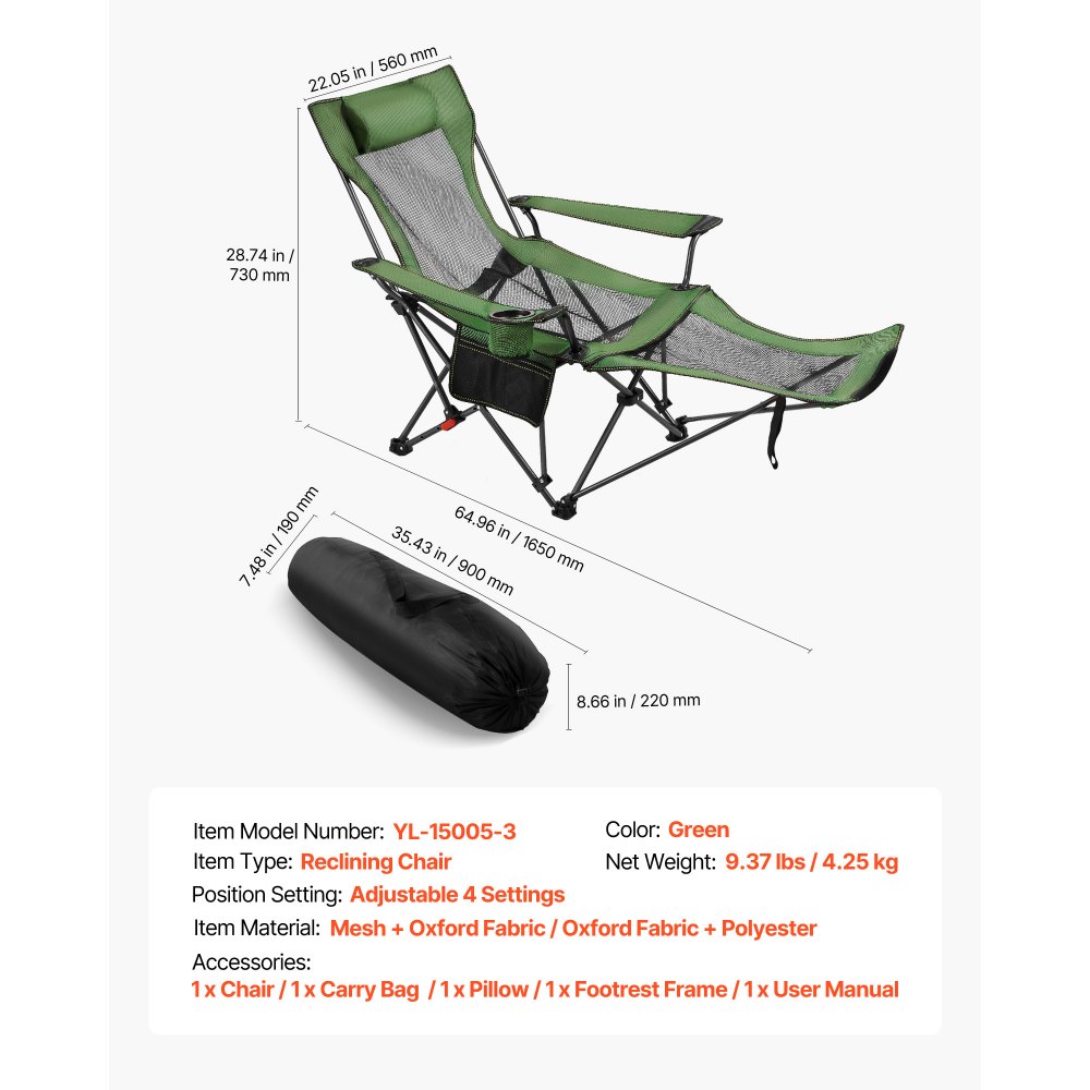 VEVOR Reclining Camping Chair, 4 Adjustable Positions, Portable Folding Lounger for Adults, Mesh Beach Chair with Headrest & Foot Rest, Supports 220 lbs, Heavy Duty Camp Chairs for Patio, Green