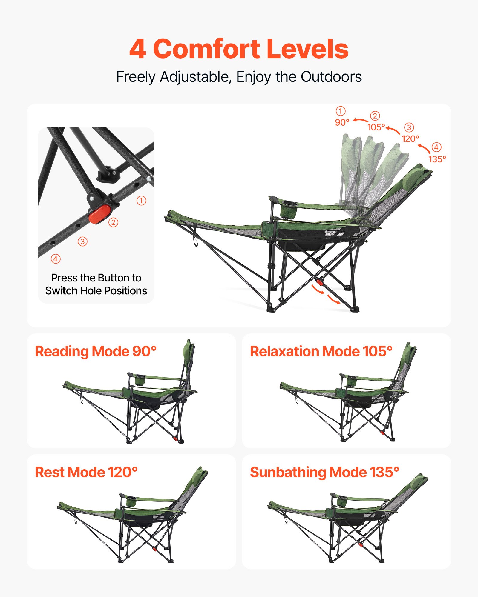 VEVOR Reclining Camping Chair, 4 Adjustable Positions, Portable Folding Lounger for Adults, Mesh Beach Chair with Headrest & Foot Rest, Supports 220 lbs, Heavy Duty Camp Chairs for Patio, Green