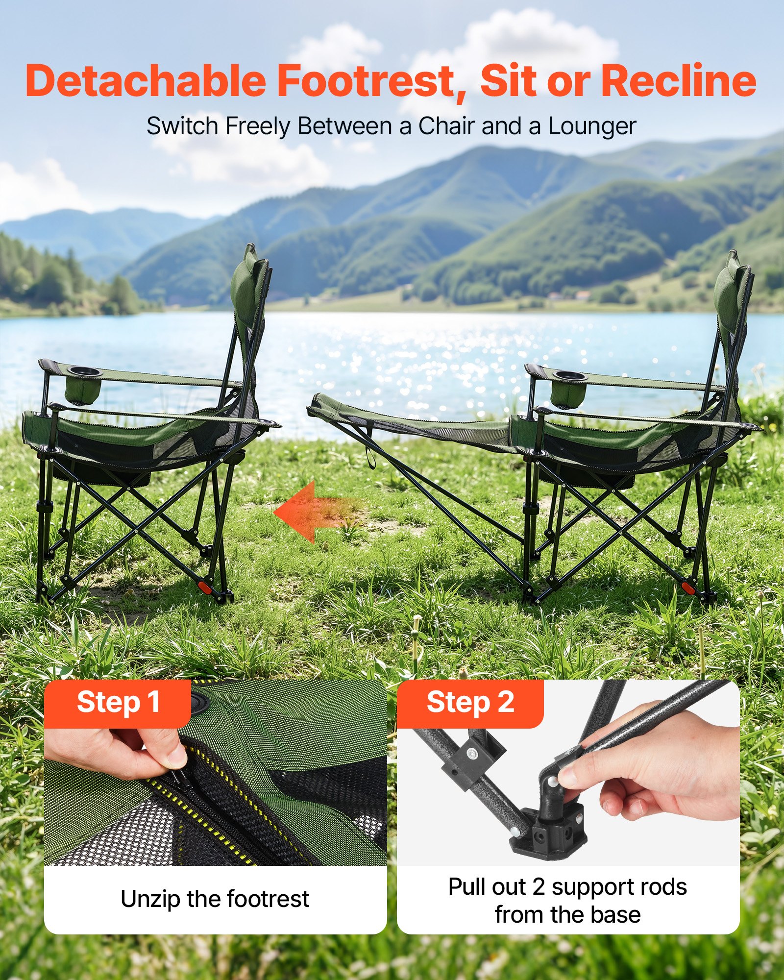 VEVOR Reclining Camping Chair, 4 Adjustable Positions, Portable Folding Lounger for Adults, Mesh Beach Chair with Headrest & Foot Rest, Supports 220 lbs, Heavy Duty Camp Chairs for Patio, Green