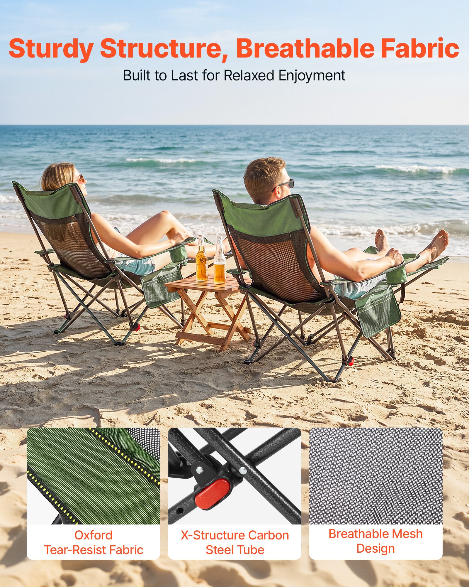 VEVOR Reclining Camping Chair, 4 Adjustable Positions, Portable Folding Lounger for Adults, Mesh Beach Chair with Headrest & Foot Rest, Supports 220 lbs, Heavy Duty Camp Chairs for Patio, Green