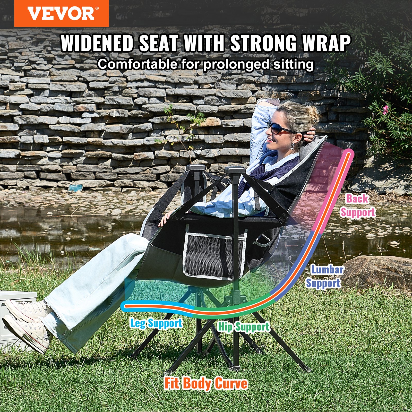 VEVOR Reclining Camping Chair, 300 lbs Load Camping Hammock Chair, Rocking Lounge Folding Chair with Cup Holder Storage Bag Headrest & Adjustable Backrest, for Camping and Other Outdoor Activities