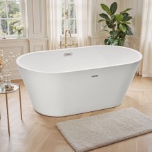 VEVOR Acrylic Freestanding Bathtub, 59 Inch Contemporary Soaking White Tub with Brushed Nickel Overflow and Drain, Elegant Oval Shape Stand Alone Soaker Tub for Modern Bathroom or Remodel Projects