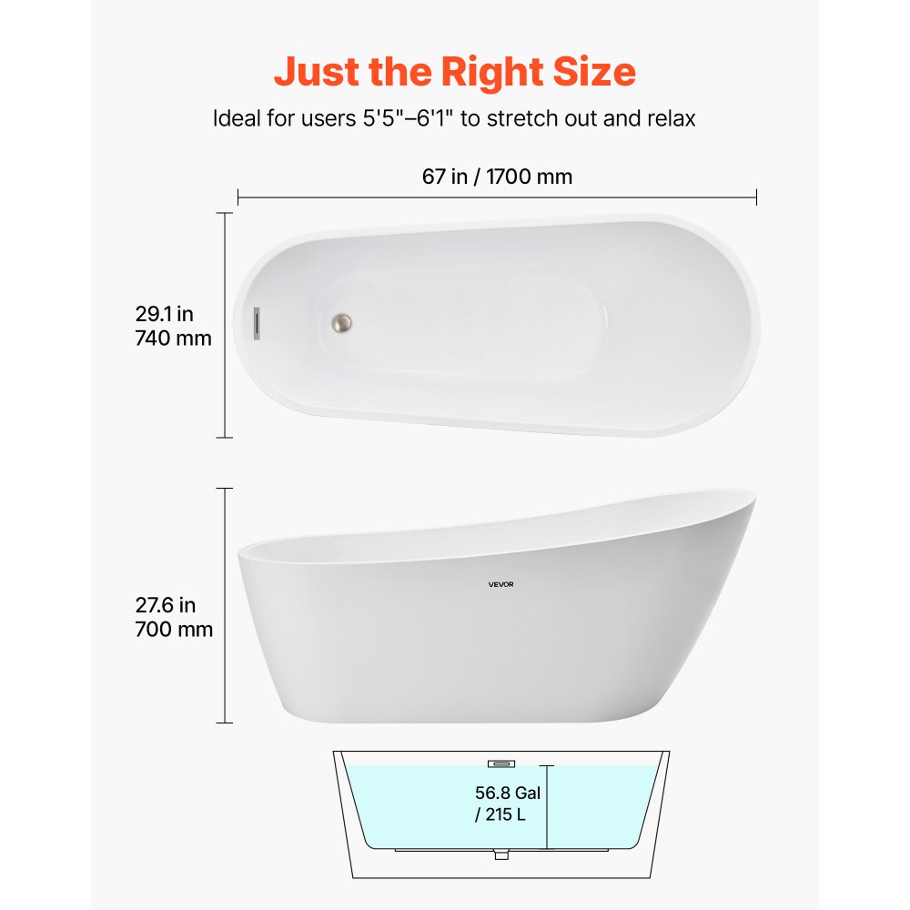 VEVOR Acrylic Freestanding Bathtub, 67 Inch Contemporary Soaking White Tub with Brushed Nickel Overflow and Drain, Elegant Oval Shape Stand Alone Soaker Bathtub for Modern Bathroom or Remodel Project
