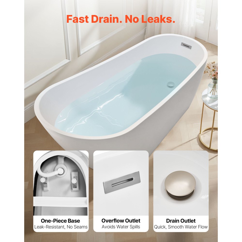 VEVOR Acrylic Freestanding Bathtub, 67 Inch Contemporary Soaking White Tub with Brushed Nickel Overflow and Drain, Elegant Oval Shape Stand Alone Soaker Bathtub for Modern Bathroom or Remodel Project
