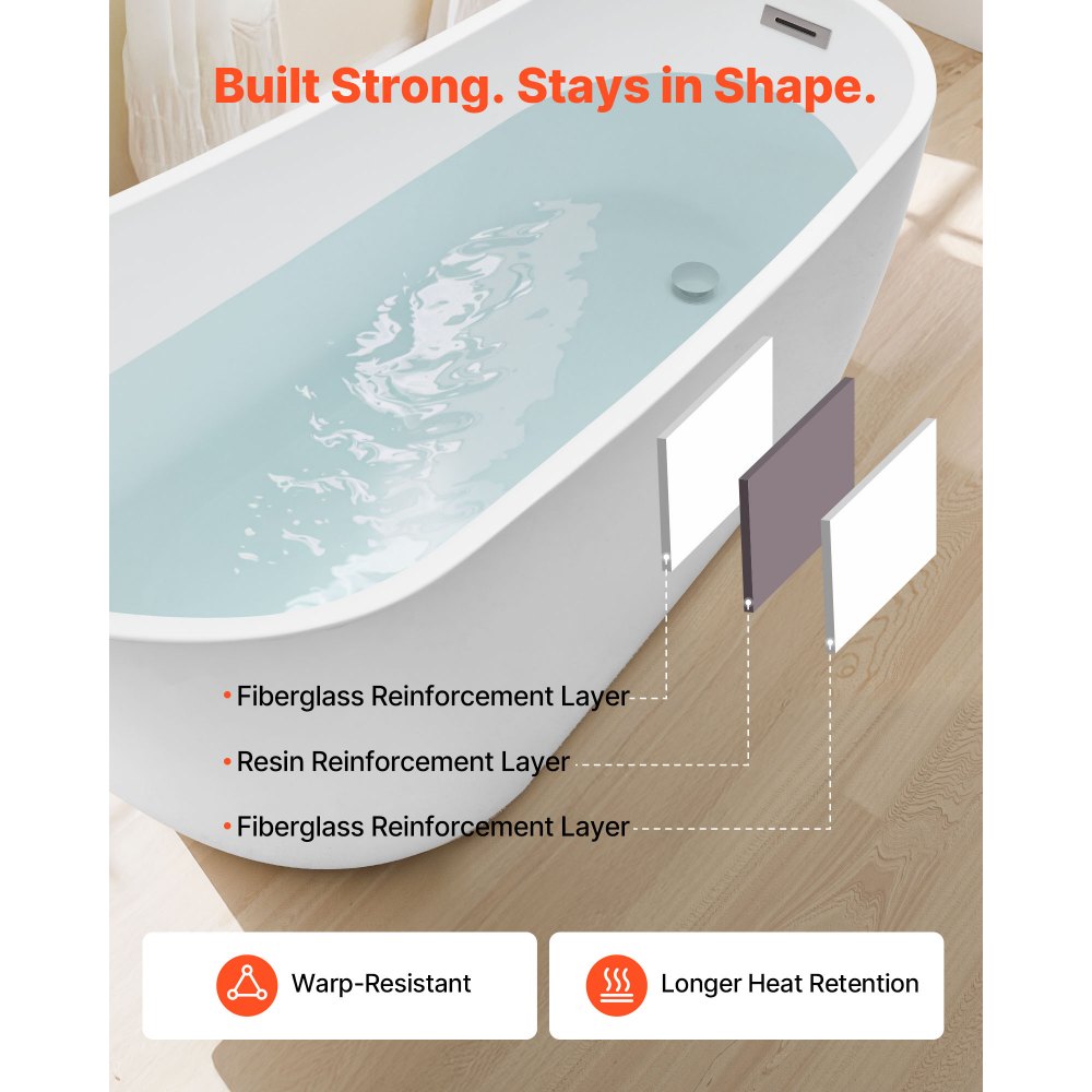 VEVOR Acrylic Freestanding Bathtub, 67 Inch Contemporary Soaking White Tub with Brushed Nickel Overflow and Drain, Elegant Oval Shape Stand Alone Soaker Bathtub for Modern Bathroom or Remodel Project