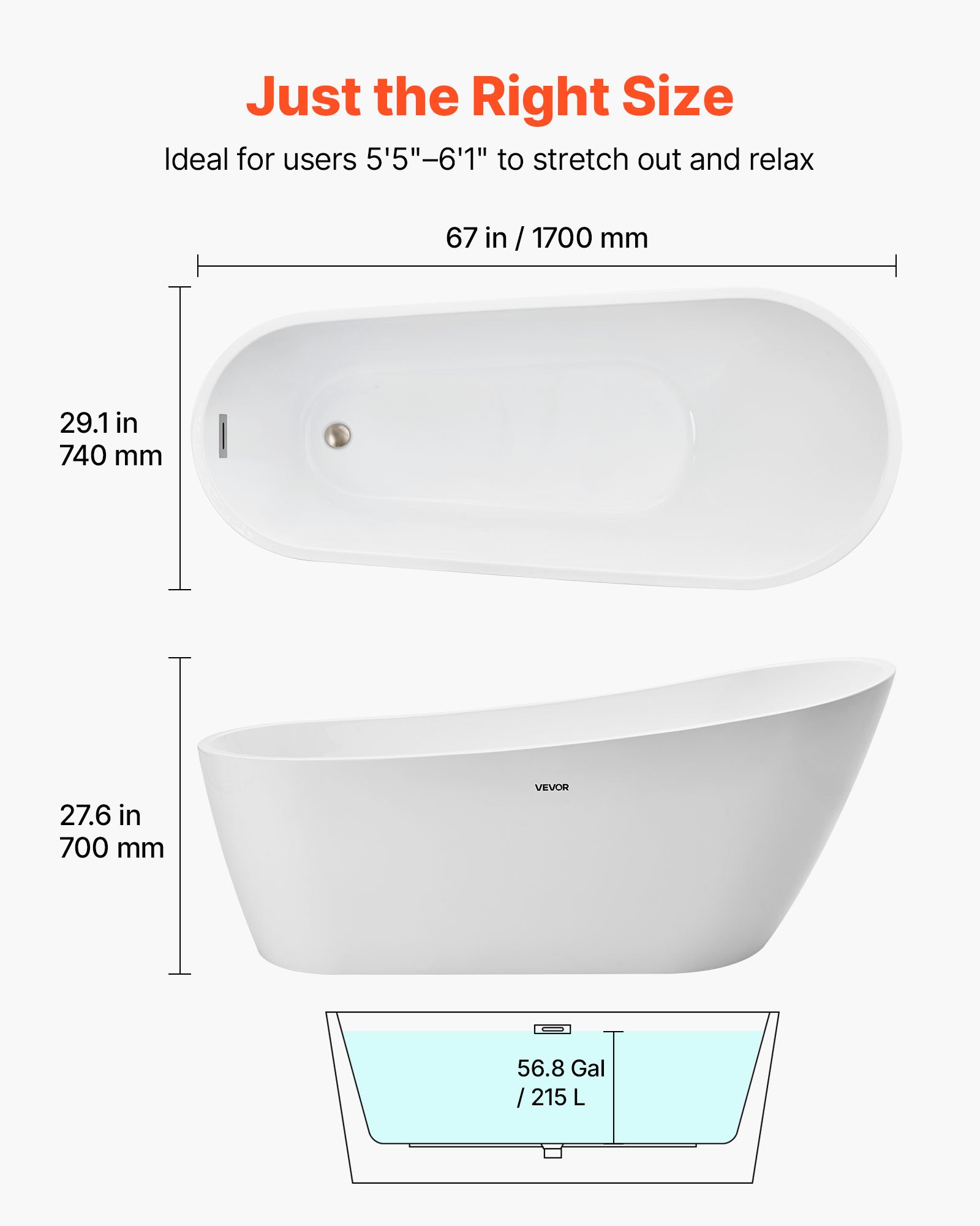 VEVOR Acrylic Freestanding Bathtub, 67 Inch Contemporary Soaking White Tub with Brushed Nickel Overflow and Drain, Elegant Oval Shape Stand Alone Soaker Bathtub for Modern Bathroom or Remodel Project