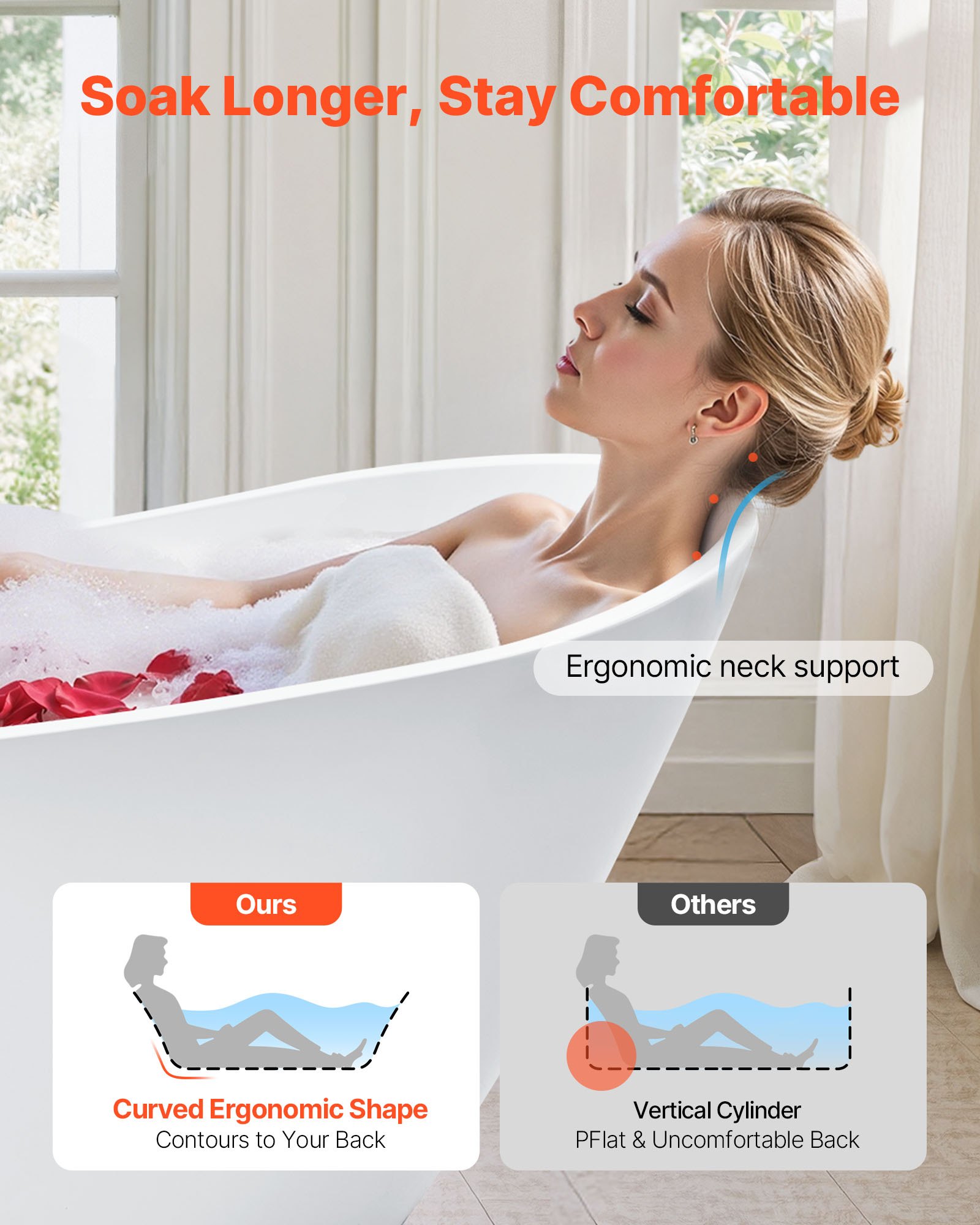 VEVOR Acrylic Freestanding Bathtub, 67 Inch Contemporary Soaking White Tub with Brushed Nickel Overflow and Drain, Elegant Oval Shape Stand Alone Soaker Bathtub for Modern Bathroom or Remodel Project