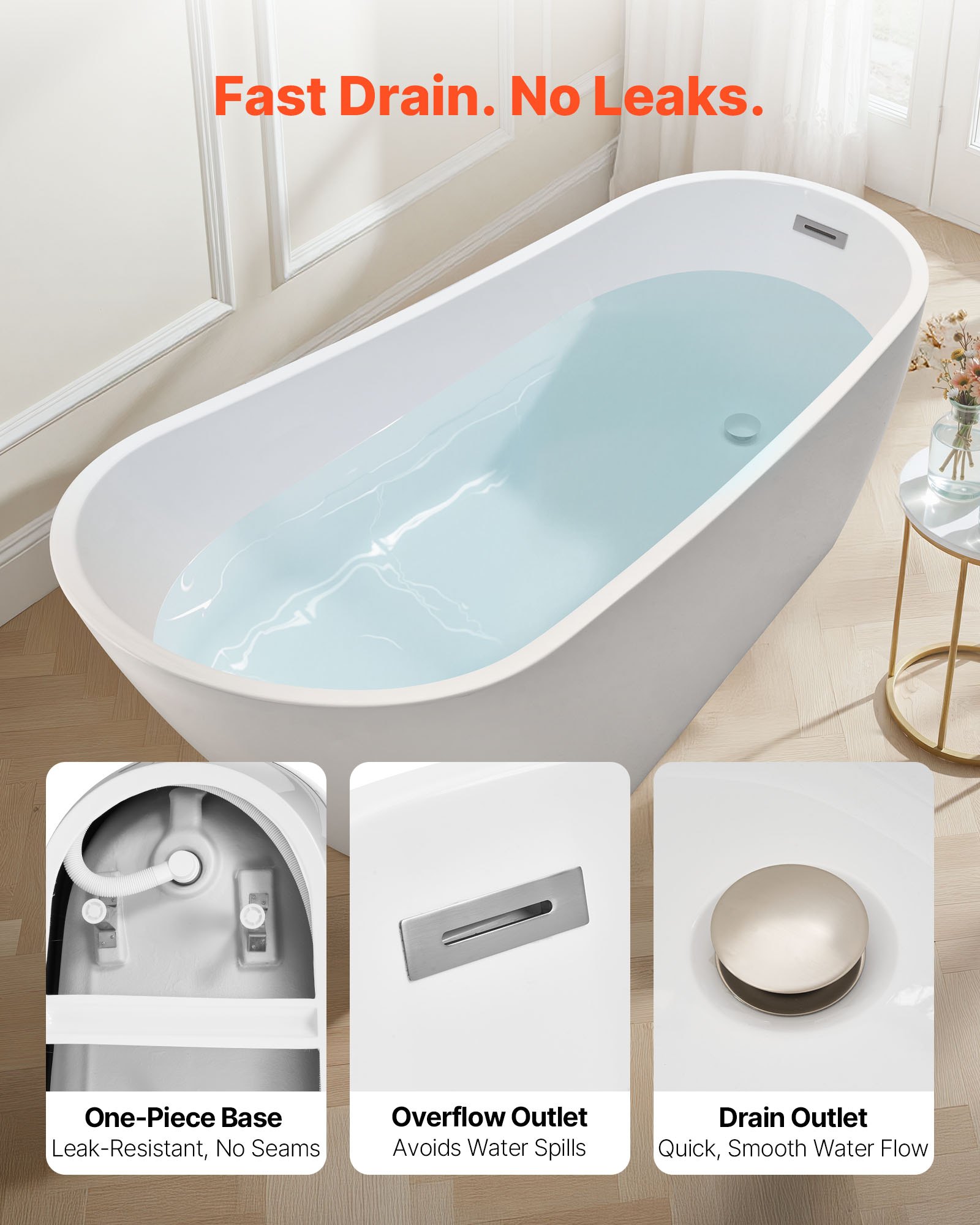 VEVOR Acrylic Freestanding Bathtub, 67 Inch Contemporary Soaking White Tub with Brushed Nickel Overflow and Drain, Elegant Oval Shape Stand Alone Soaker Bathtub for Modern Bathroom or Remodel Project