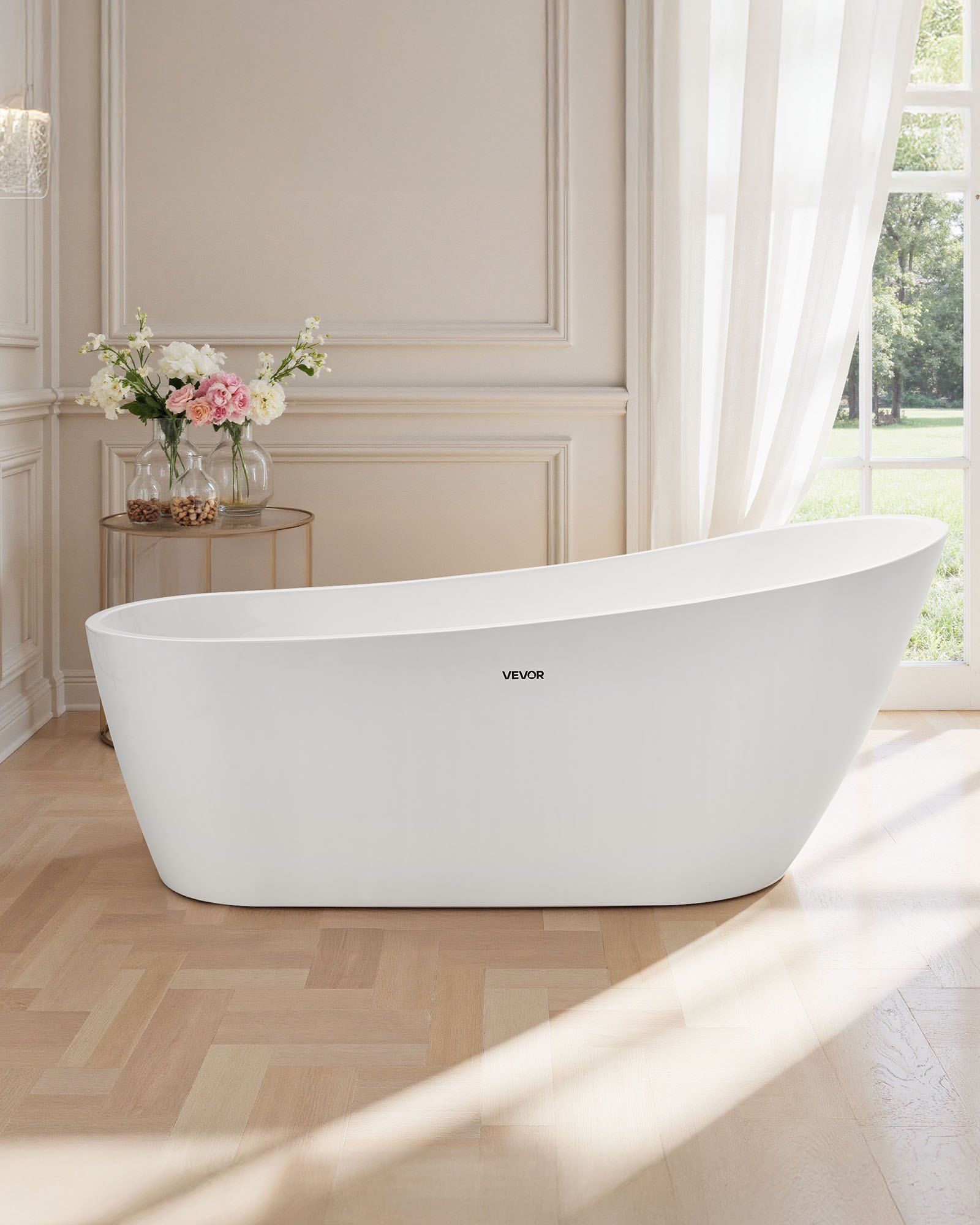 VEVOR Acrylic Freestanding Bathtub, 67 Inch Contemporary Soaking White Tub with Brushed Nickel Overflow and Drain, Elegant Oval Shape Stand Alone Soaker Bathtub for Modern Bathroom or Remodel Project