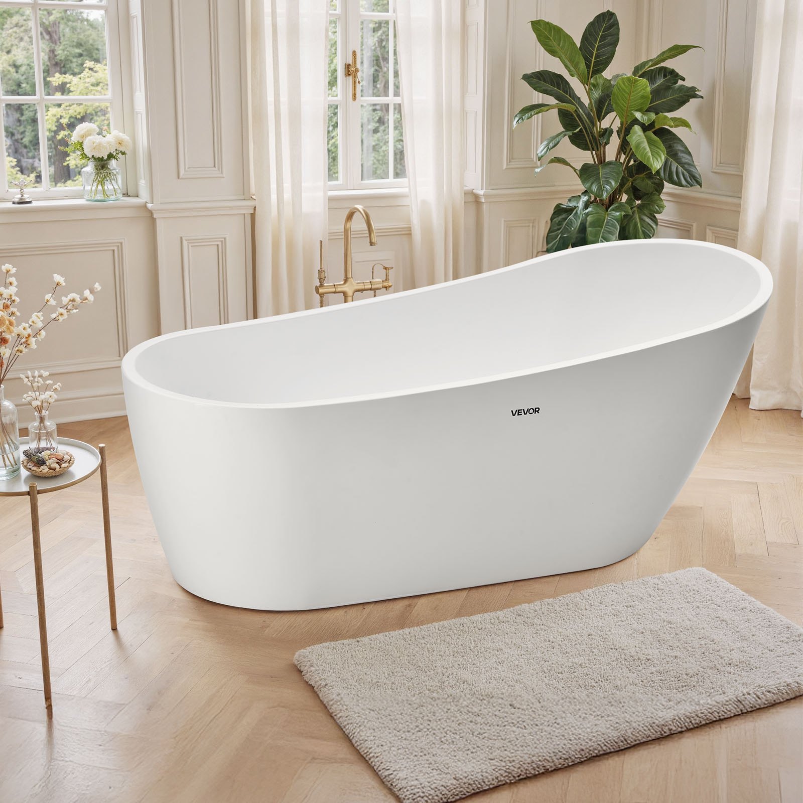 VEVOR Acrylic Freestanding Bathtub, 67 Inch Contemporary Soaking White Tub with Brushed Nickel Overflow and Drain, Elegant Oval Shape Stand Alone Soaker Bathtub for Modern Bathroom or Remodel Project