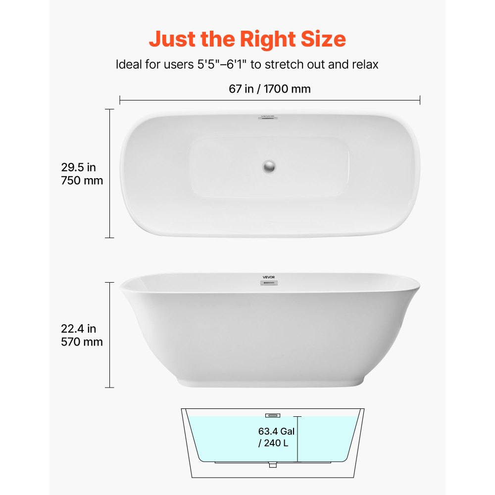 VEVOR Acrylic Freestanding Bathtub, 67 Inch Contemporary Soaking White Tub with Polished Chrome Overflow and Drain, Elegant Oval Shape Stand Alone Soaker Tub for Modern Bathroom or Remodel Projects