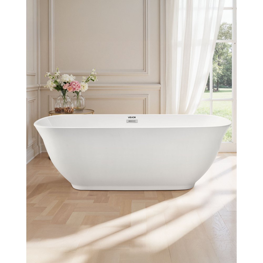 VEVOR Acrylic Freestanding Bathtub, 67 Inch Contemporary Soaking White Tub with Polished Chrome Overflow and Drain, Elegant Oval Shape Stand Alone Soaker Tub for Modern Bathroom or Remodel Projects