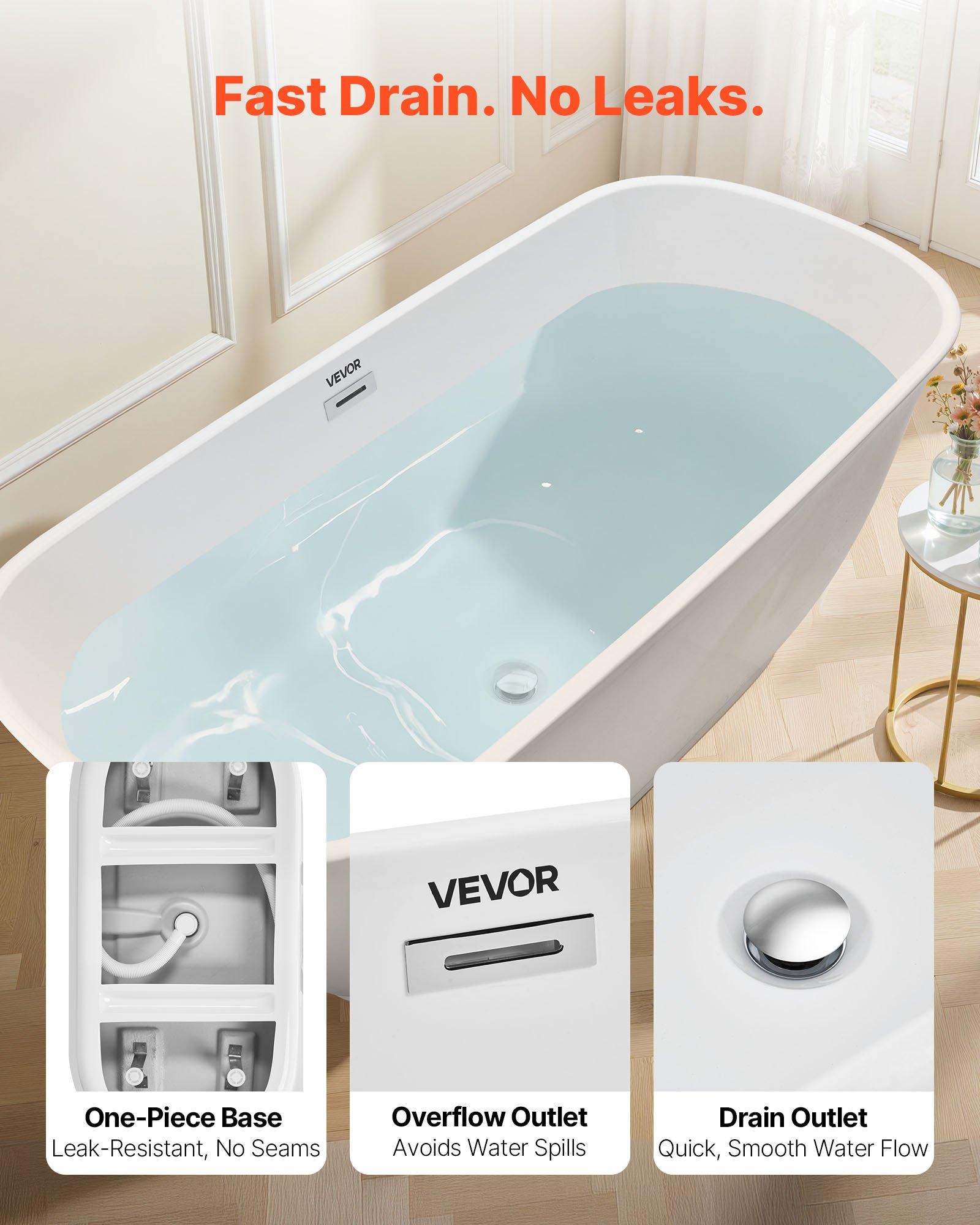 VEVOR Acrylic Freestanding Bathtub, 67 Inch Contemporary Soaking White Tub with Polished Chrome Overflow and Drain, Elegant Oval Shape Stand Alone Soaker Tub for Modern Bathroom or Remodel Projects