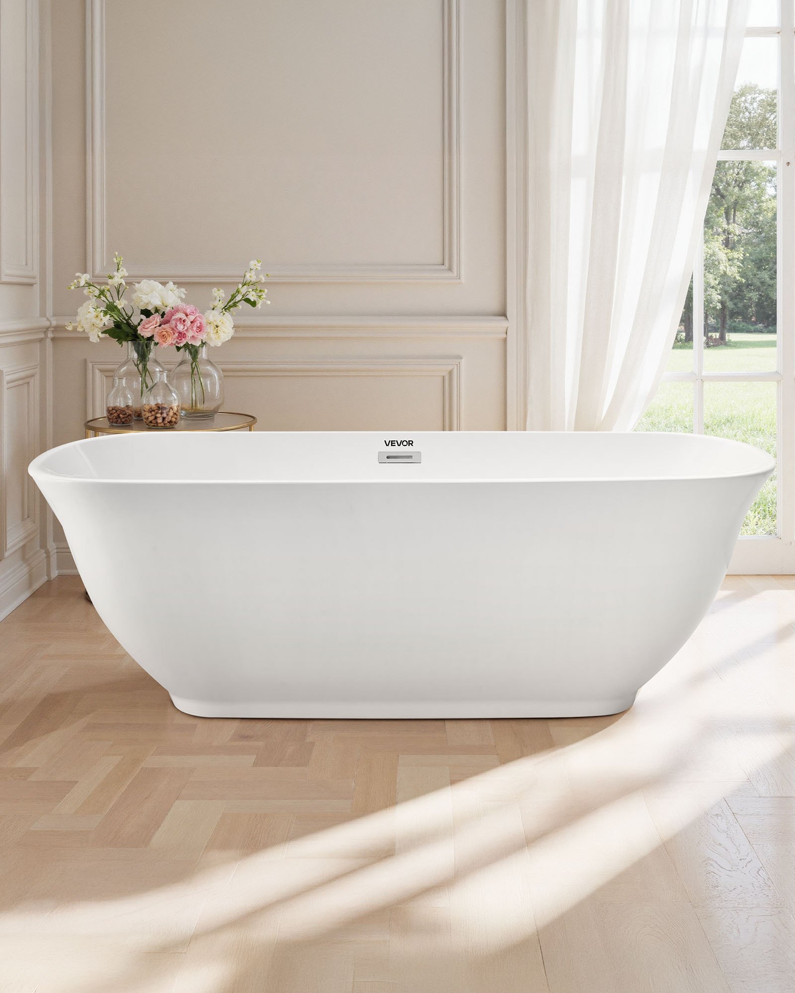VEVOR Acrylic Freestanding Bathtub, 67 Inch Contemporary Soaking White Tub with Polished Chrome Overflow and Drain, Elegant Oval Shape Stand Alone Soaker Tub for Modern Bathroom or Remodel Projects