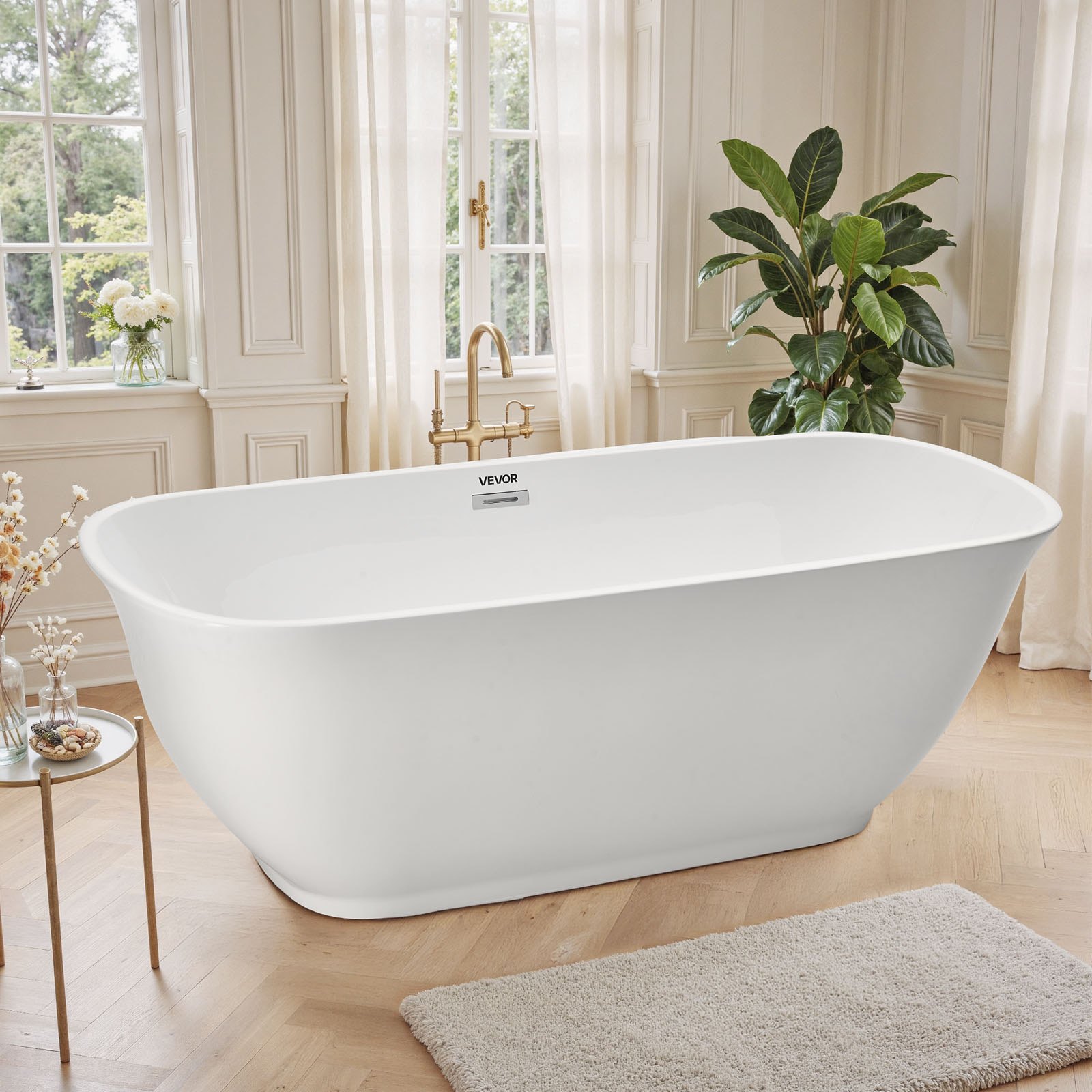 VEVOR Acrylic Freestanding Bathtub, 67 Inch Contemporary Soaking White Tub with Polished Chrome Overflow and Drain, Elegant Oval Shape Stand Alone Soaker Tub for Modern Bathroom or Remodel Projects