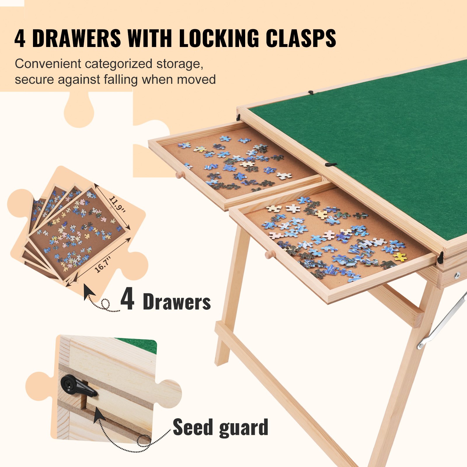 VEVOR puzzle table with 4 drawers and locking clasps for secure and categorized puzzle storage.