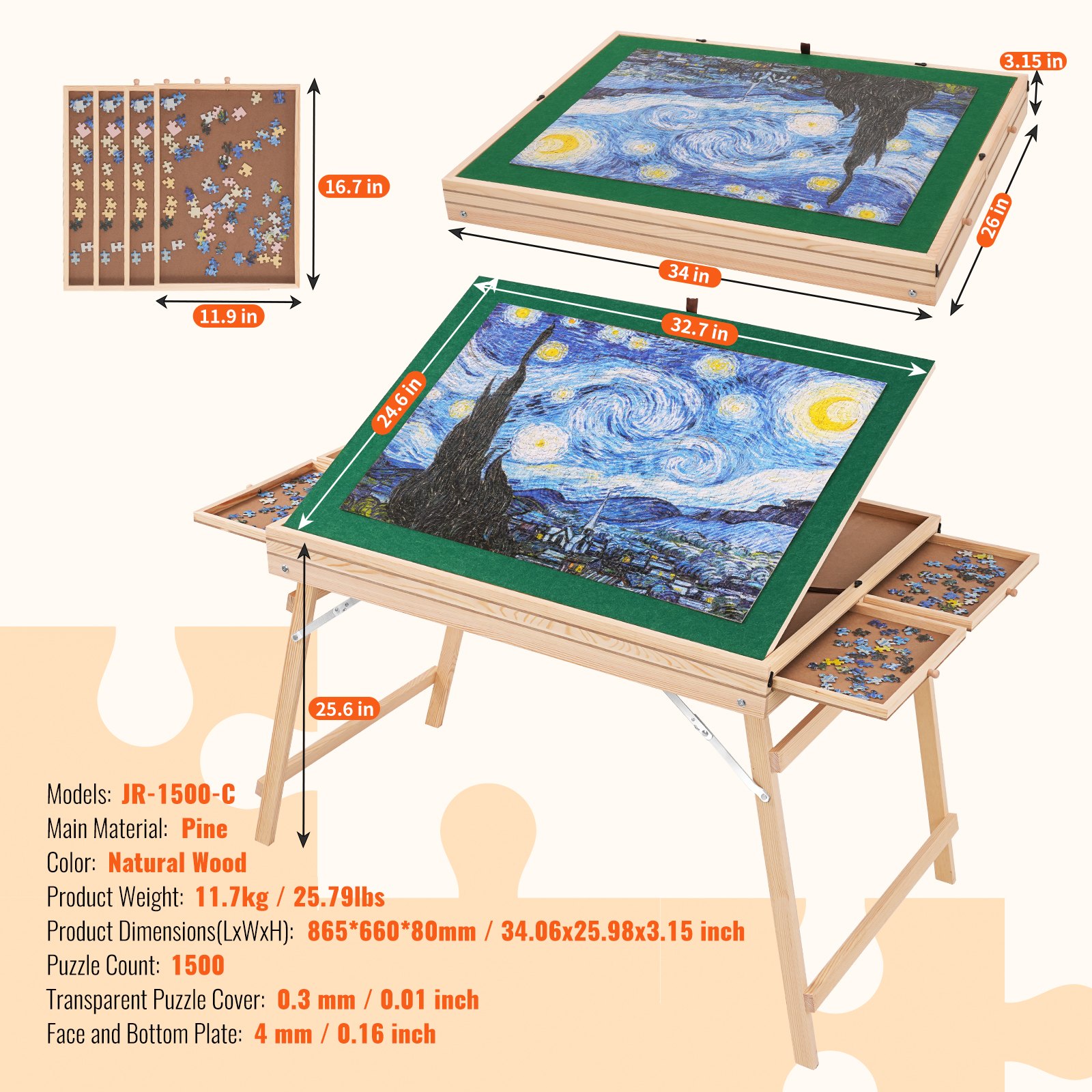 VEVOR puzzle table with natural wood finish, 1500-piece capacity, and multiple drawer storage.