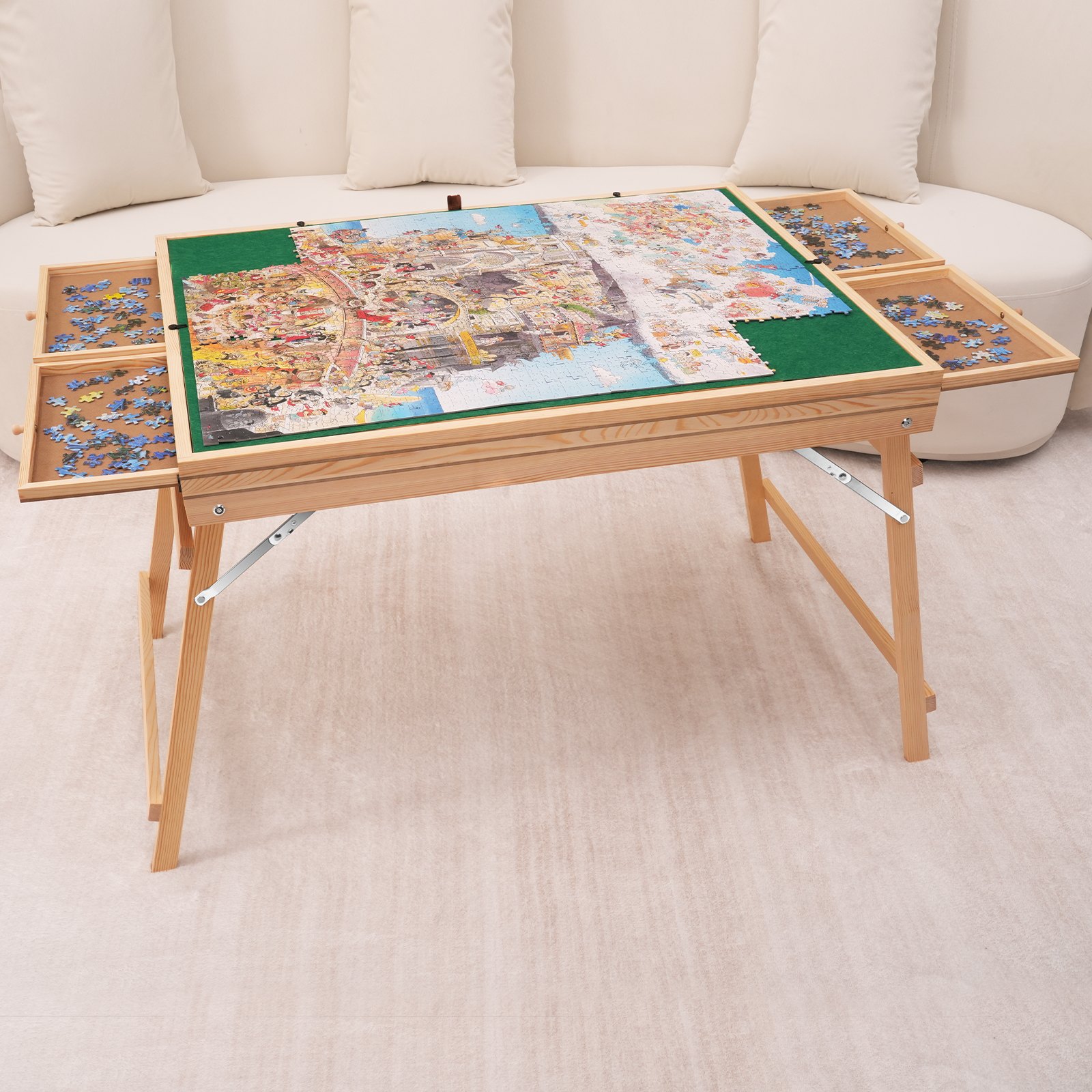 VEVOR puzzle table with foldable legs, side trays for pieces, and partially completed puzzle on top.