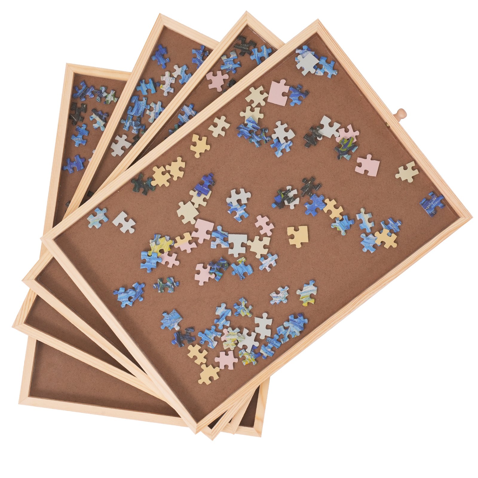 VEVOR puzzle table with scattered multi-colored puzzle pieces on four brown trays.