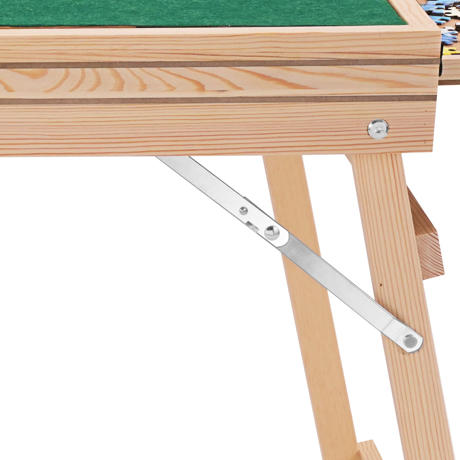 wooden VEVOR puzzle table with adjustable metal support bar and green felt surface.