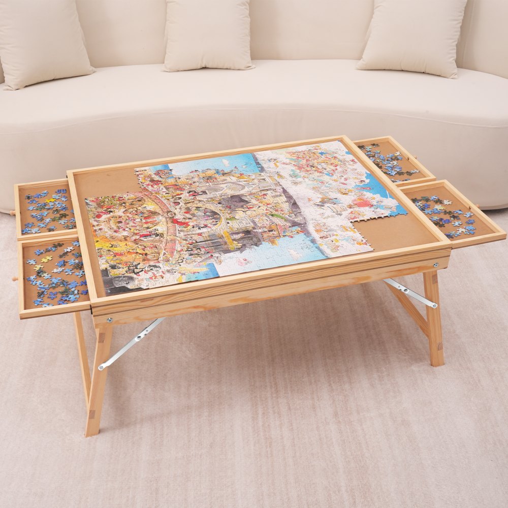VEVOR puzzle table with wooden frame, foldable legs, pull-out trays, and colorful partially completed puzzle.