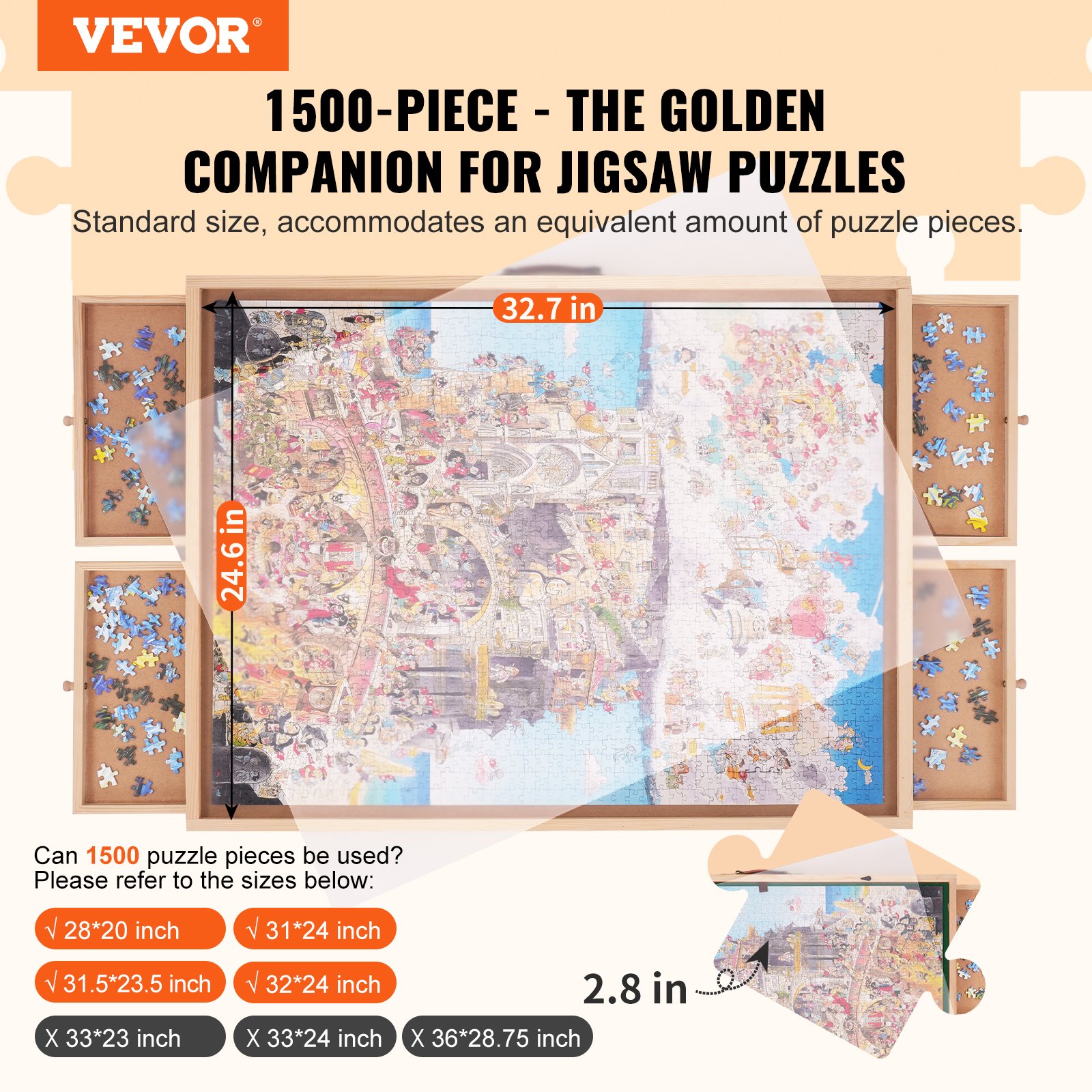 VEVOR puzzle table for 1500-piece jigsaw puzzles with side trays and dimensions, enhancing puzzle-solving.