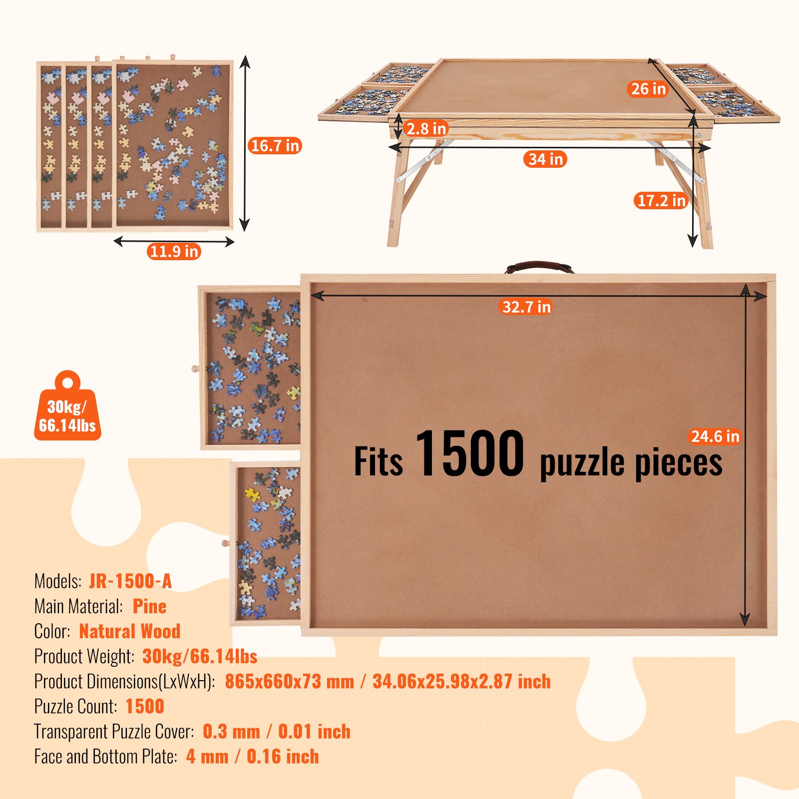 VEVOR puzzle table with storage drawers, pine wood, 34x26 in, fits 1500 puzzle pieces, 30kg/66.14lbs.
