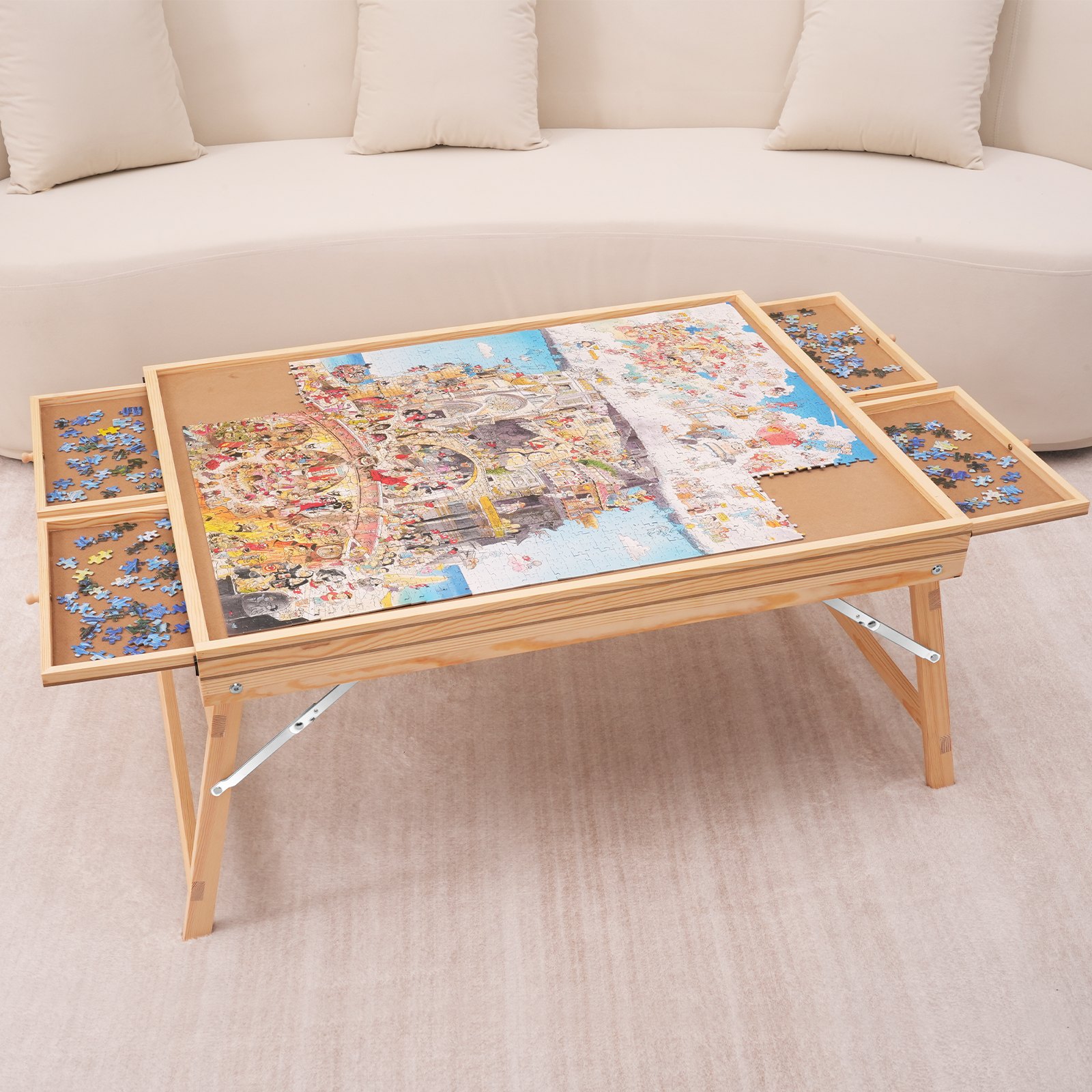 VEVOR puzzle table with wooden frame, foldable legs, pull-out trays, and colorful partially completed puzzle.