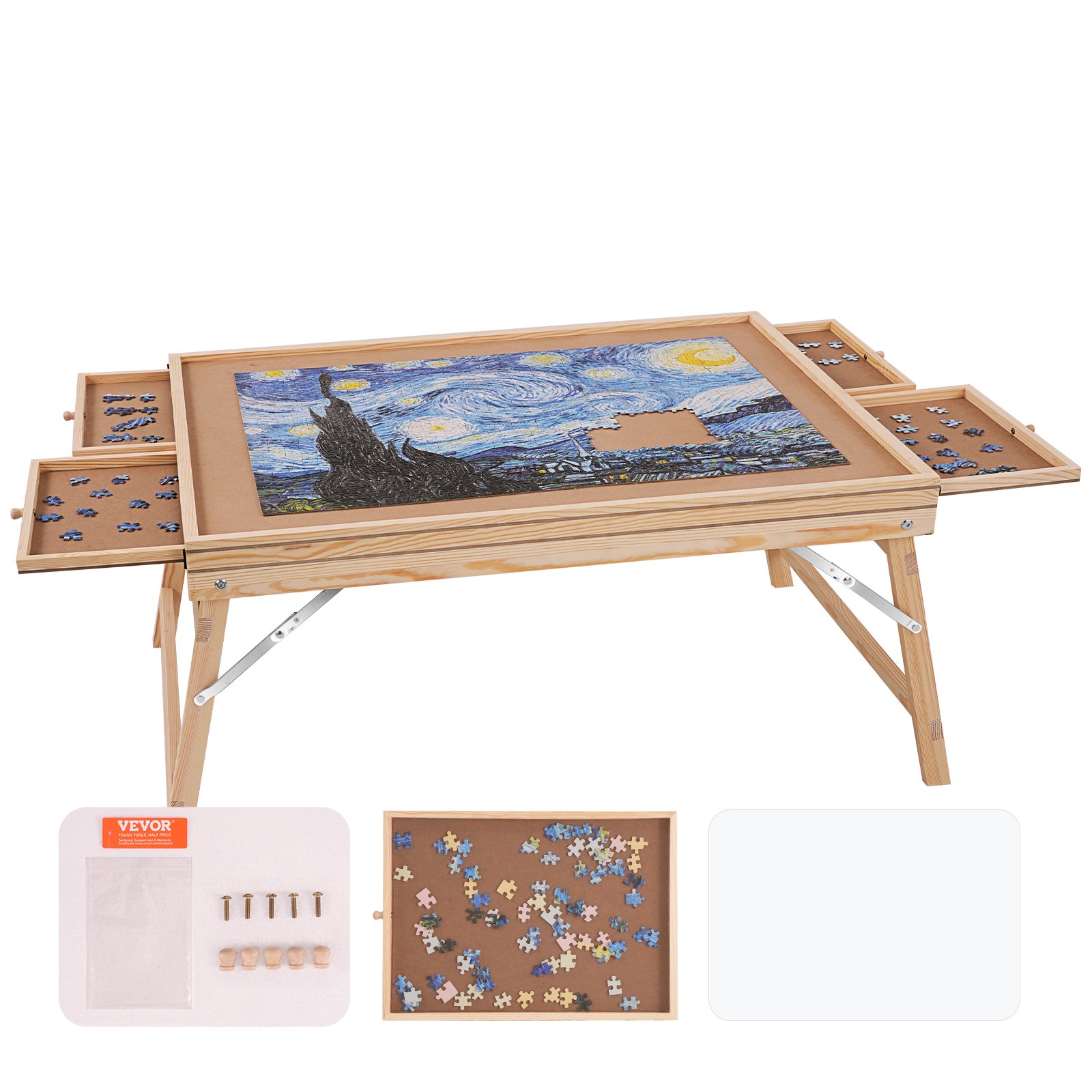 VEVOR puzzle table with large surface, multiple drawers, and included assembly hardware.