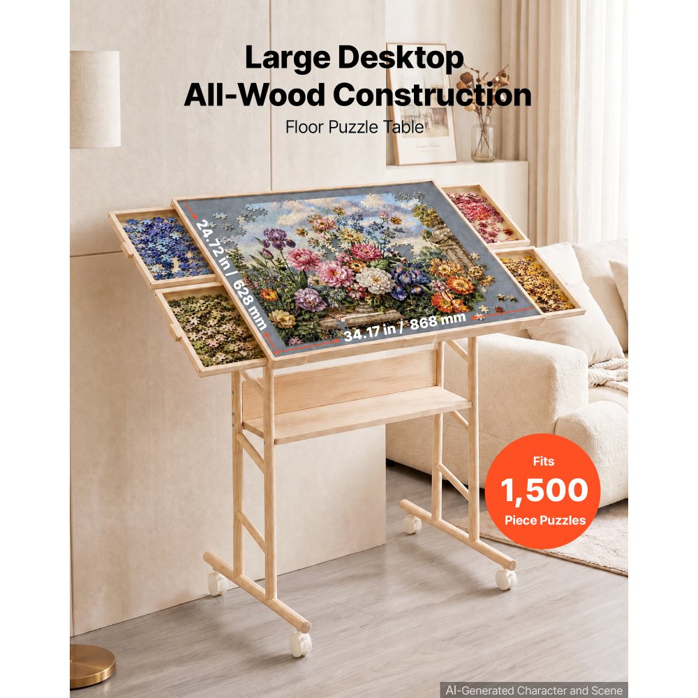 VEVOR 1500 Piece Puzzle Table with Legs, 4 Drawers, and Cover, 87x63 cm, Gift for Mom, Portable Wooden Board, Felt Surface Puzzles Jigsaw Accessories for Adults, 0°-45° Tilting Storage Organizer