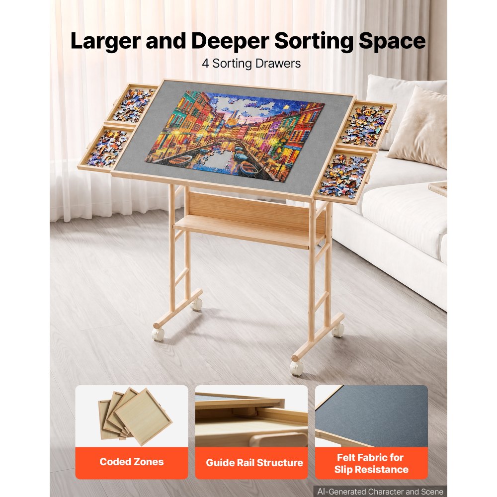 VEVOR 1500 Piece Puzzle Table with Legs, 4 Drawers, and Cover, 87x63 cm, Gift for Mom, Portable Wooden Board, Felt Surface Puzzles Jigsaw Accessories for Adults, 0°-45° Tilting Storage Organizer