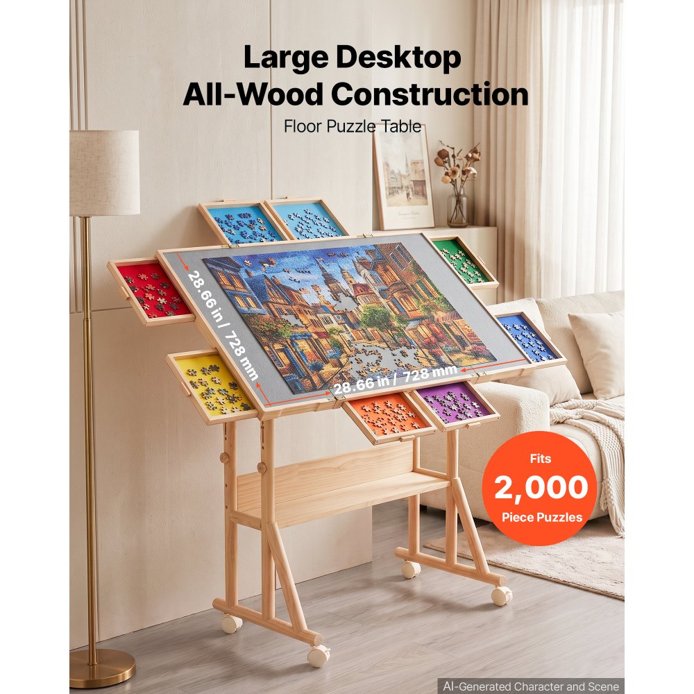 VEVOR 2000 Piece Rotating Puzzle Table with Legs Wheels 8 Drawers 103x73 cm, Colorful Felt Drawers, Portable Wooden Board, Felt Surface Jigsaw Puzzle Accessories, 5 Tilt Angles, Adjustable Height