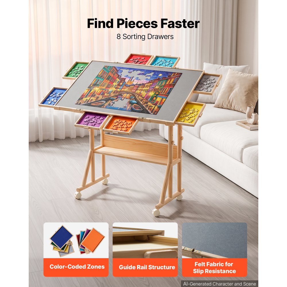 VEVOR 2000 Piece Rotating Puzzle Table with Legs Wheels 8 Drawers 103x73 cm, Colorful Felt Drawers, Portable Wooden Board, Felt Surface Jigsaw Puzzle Accessories, 5 Tilt Angles, Adjustable Height