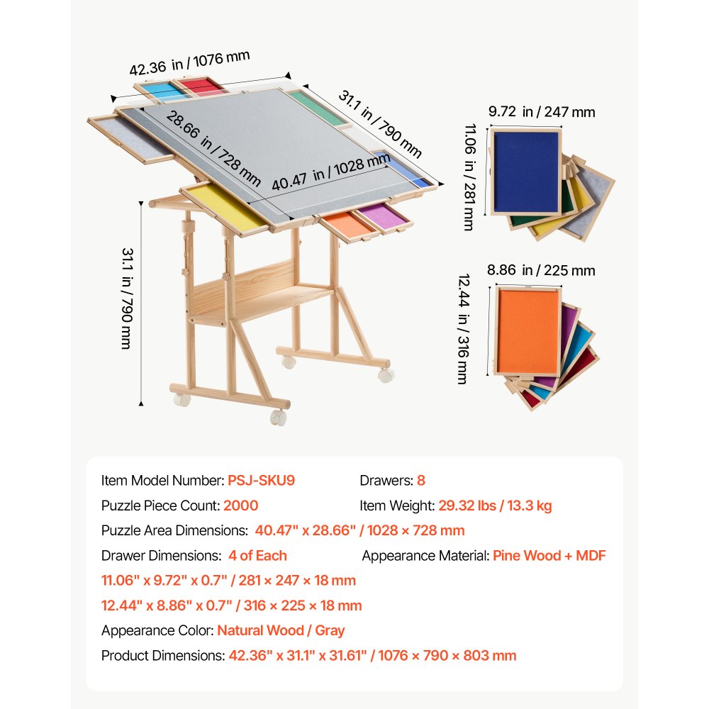 VEVOR 2000 Piece Rotating Puzzle Table with Legs Wheels 8 Drawers 103x73 cm, Colorful Felt Drawers, Portable Wooden Board, Felt Surface Jigsaw Puzzle Accessories, 5 Tilt Angles, Adjustable Height