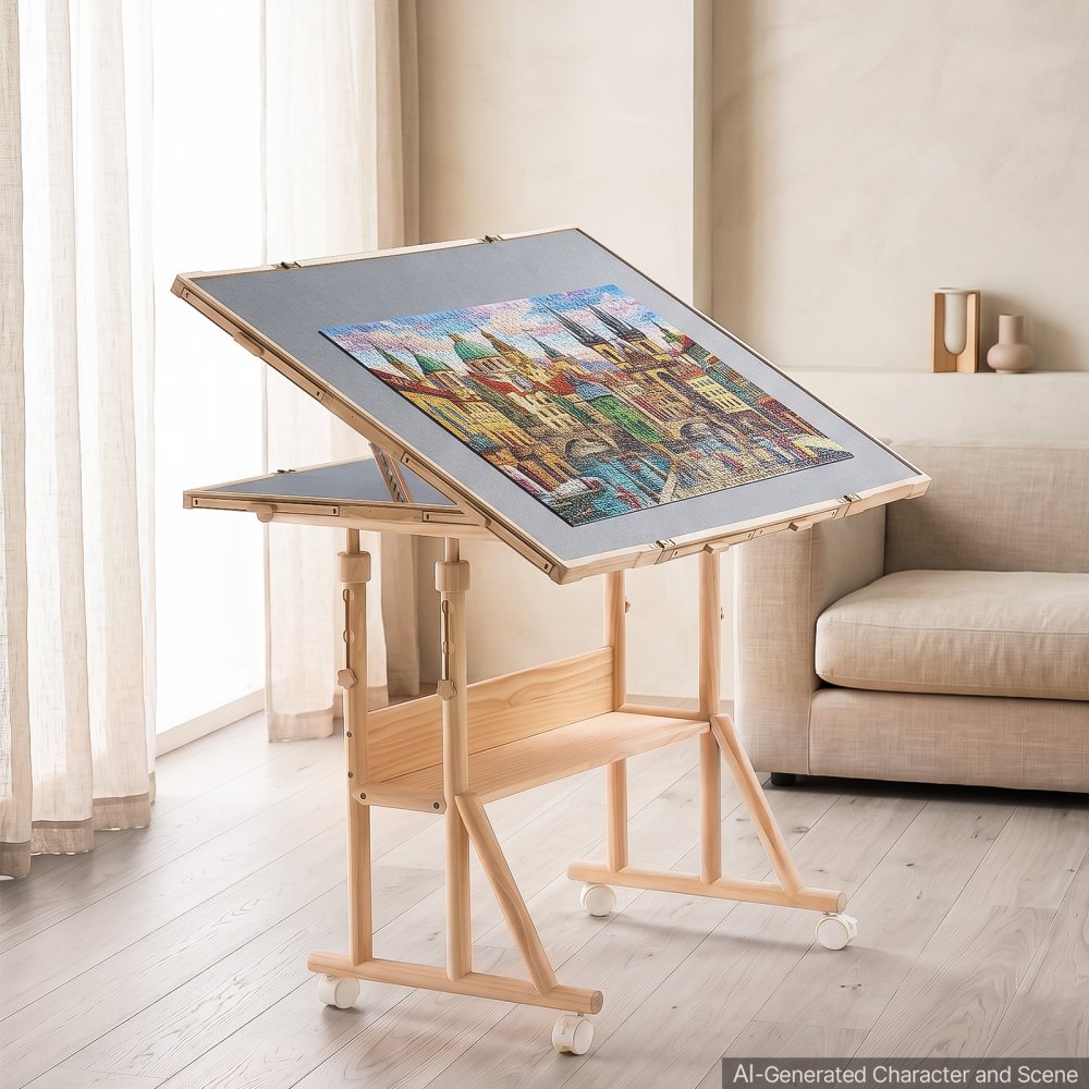 VEVOR 2000 Piece Rotating Puzzle Table with Legs Wheels 8 Drawers 103x73 cm, Colorful Felt Drawers, Portable Wooden Board, Felt Surface Jigsaw Puzzle Accessories, 5 Tilt Angles, Adjustable Height