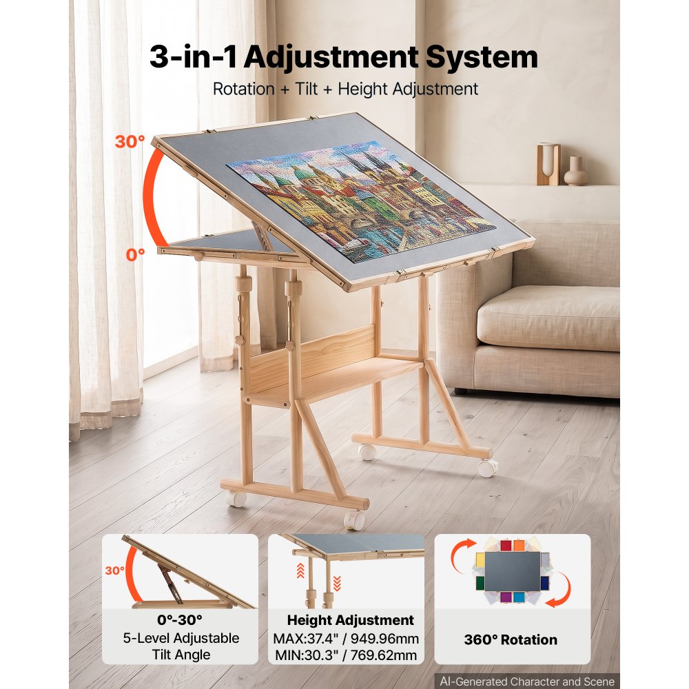 VEVOR 2000 Piece Rotating Puzzle Table with Legs Wheels 8 Drawers 103x73 cm, Colorful Felt Drawers, Portable Wooden Board, Felt Surface Jigsaw Puzzle Accessories, 5 Tilt Angles, Adjustable Height