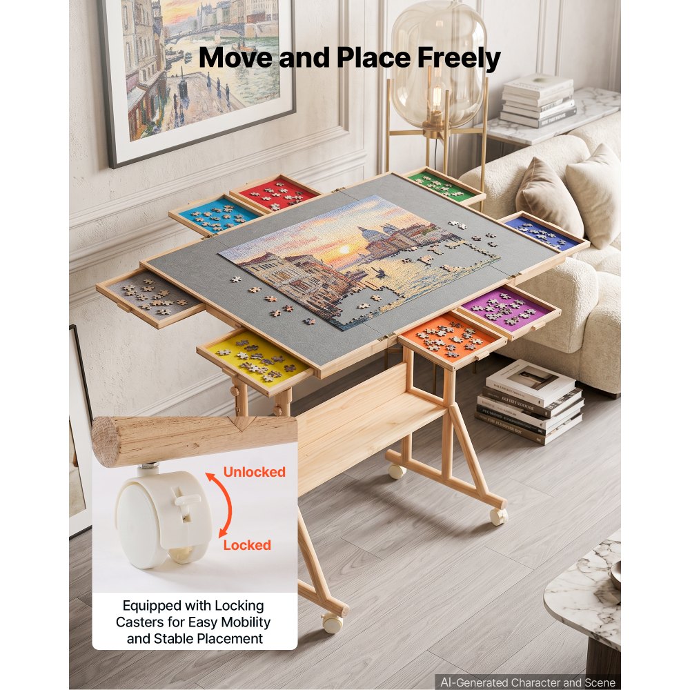 VEVOR 2000 Piece Rotating Puzzle Table with Legs Wheels 8 Drawers 103x73 cm, Colorful Felt Drawers, Portable Wooden Board, Felt Surface Jigsaw Puzzle Accessories, 5 Tilt Angles, Adjustable Height