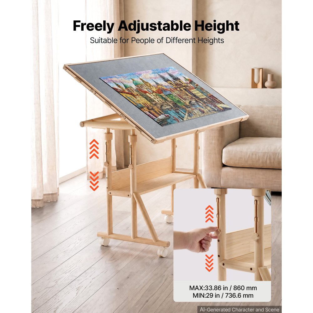 VEVOR 2000 Piece Puzzle Table with Legs, Wheels, 6 Drawers, Cover 102x73 cm, Gift for Mom, Portable Wooden Board, Felt Surface Jigsaw Puzzle Accessories for Adults, Adjustable Height Storage Organizer