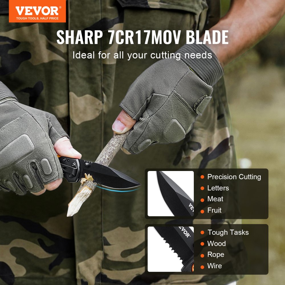VEVOR Folding Pocket Knife, 3 in/7.6 cm 7Cr17Mov Blade, Aluminum Handle Small EDC Knife with Pocket Clip, Sharp Camping Survival Hiking Knife, 2.8 oz/0.08 kg Easy to Carry for Men Women Self Defense