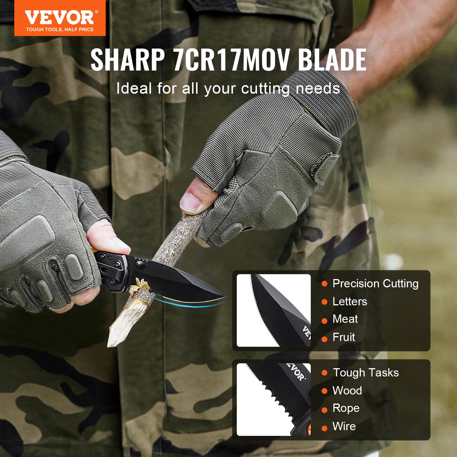 VEVOR Folding Pocket Knife, 3 in/7.6 cm 7Cr17Mov Blade, Aluminum Handle Small EDC Knife with Pocket Clip, Sharp Camping Survival Hiking Knife, 2.8 oz/0.08 kg Easy to Carry for Men Women Self Defense