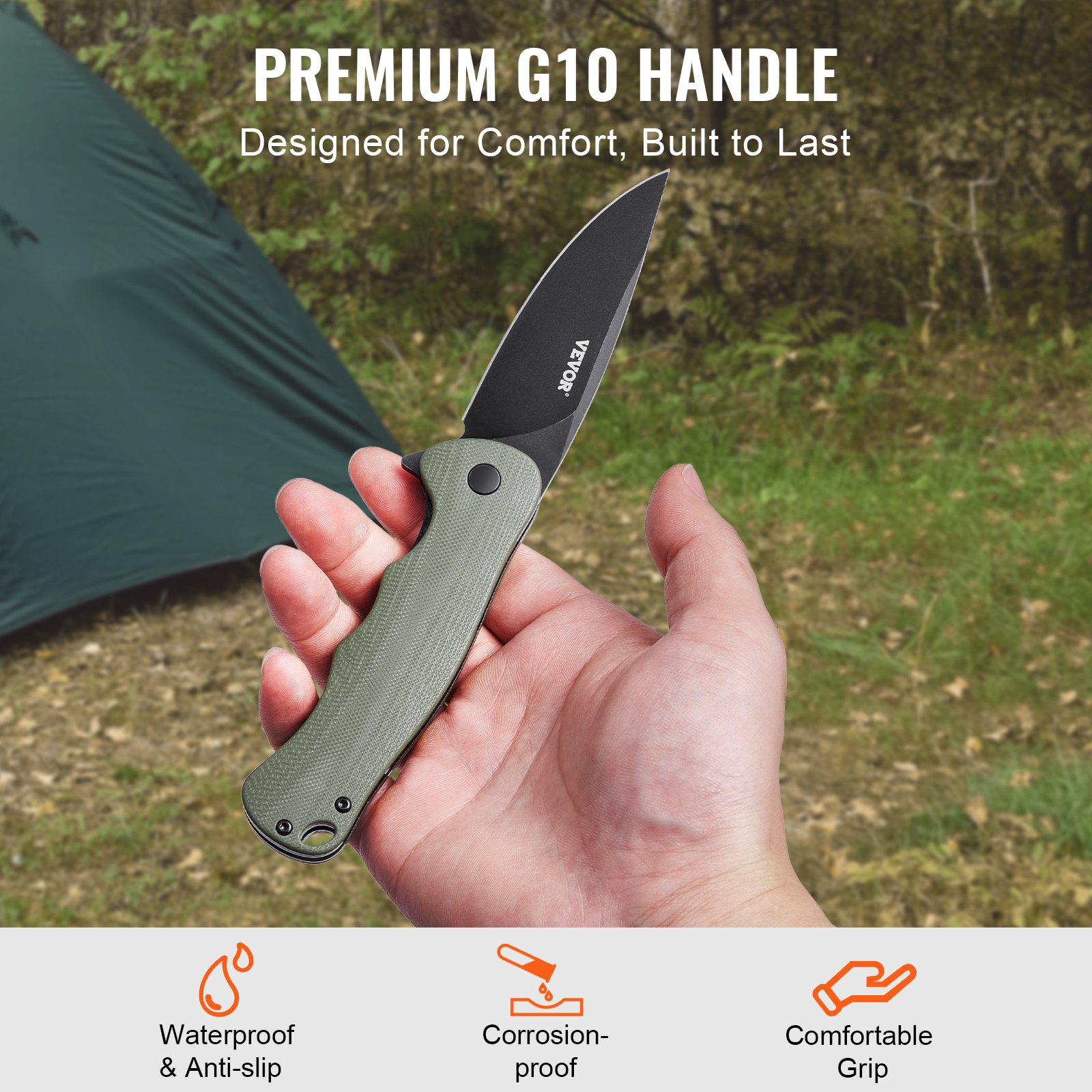 VEVOR Folding Pocket Knife, 3.5 in/8.8 cm D2 Steel Blade, G10 Handle Small EDC Knife with Pocket Clip, Sharp Camping Survival Hiking Knife, 3.84 oz/0.1 kg Easy to Carry for Men Women Self Defense