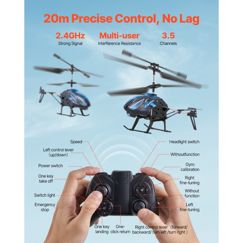 Helicóptero RC VEVOR, helicóptero de control remoto de 2,4 GHz, avión RC de 3,5 canales para niños, 16 minutos de vuelo, retención de altitud, despegue/aterrizaje con un solo botón y luces LED, juguetes para niños a partir de 8 años.