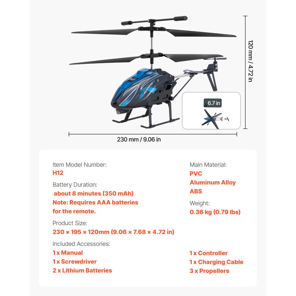 Helicóptero RC VEVOR, helicóptero de control remoto de 2,4 GHz, avión RC de 3,5 canales para niños, 16 minutos de vuelo, retención de altitud, despegue/aterrizaje con un solo botón y luces LED, juguetes para niños a partir de 8 años.