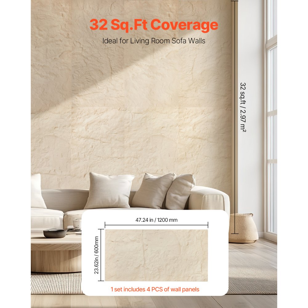 VEVOR 3D Wall Panels, 4 Pack 48 x 24 in PU Natural Stone Imitation Wall Art Tiles, 32 Sq.Ft Coverage Accent Wall Panel, Interior Home Decor for Ceiling, Bedroom, Living & Gaming Room, Stone Yellow