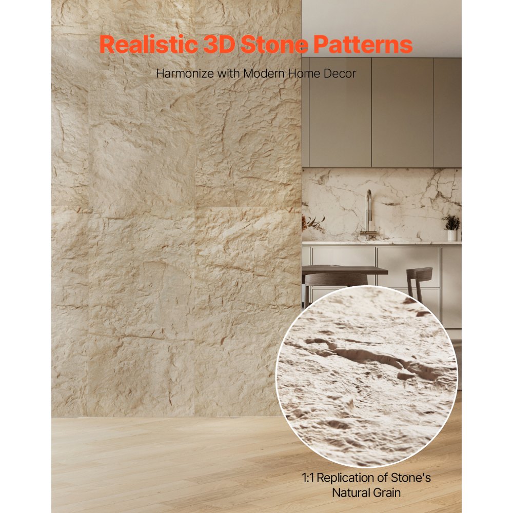 VEVOR 3D Wall Panels, 4 Pack 48 x 24 in PU Natural Stone Imitation Wall Art Tiles, 32 Sq.Ft Coverage Accent Wall Panel, Interior Home Decor for Ceiling, Bedroom, Living & Gaming Room, Stone Yellow