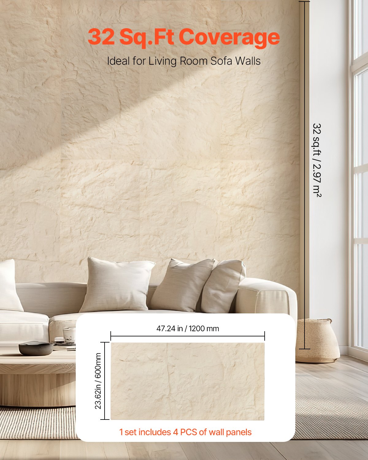 VEVOR 3D Wall Panels, 4 Pack 48 x 24 in PU Natural Stone Imitation Wall Art Tiles, 32 Sq.Ft Coverage Accent Wall Panel, Interior Home Decor for Ceiling, Bedroom, Living & Gaming Room, Stone Yellow