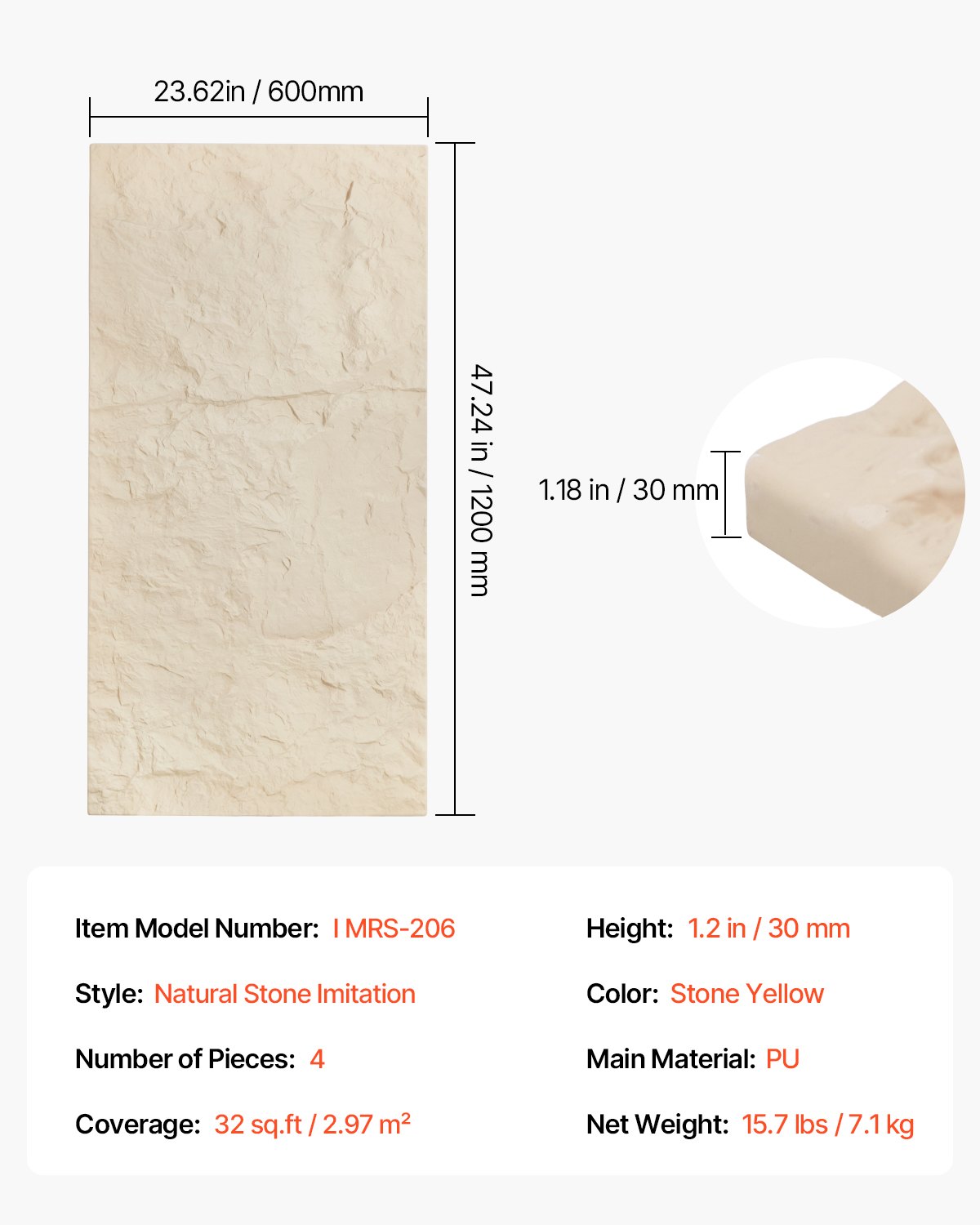 VEVOR 3D Wall Panels, 4 Pack 48 x 24 in PU Natural Stone Imitation Wall Art Tiles, 32 Sq.Ft Coverage Accent Wall Panel, Interior Home Decor for Ceiling, Bedroom, Living & Gaming Room, Stone Yellow