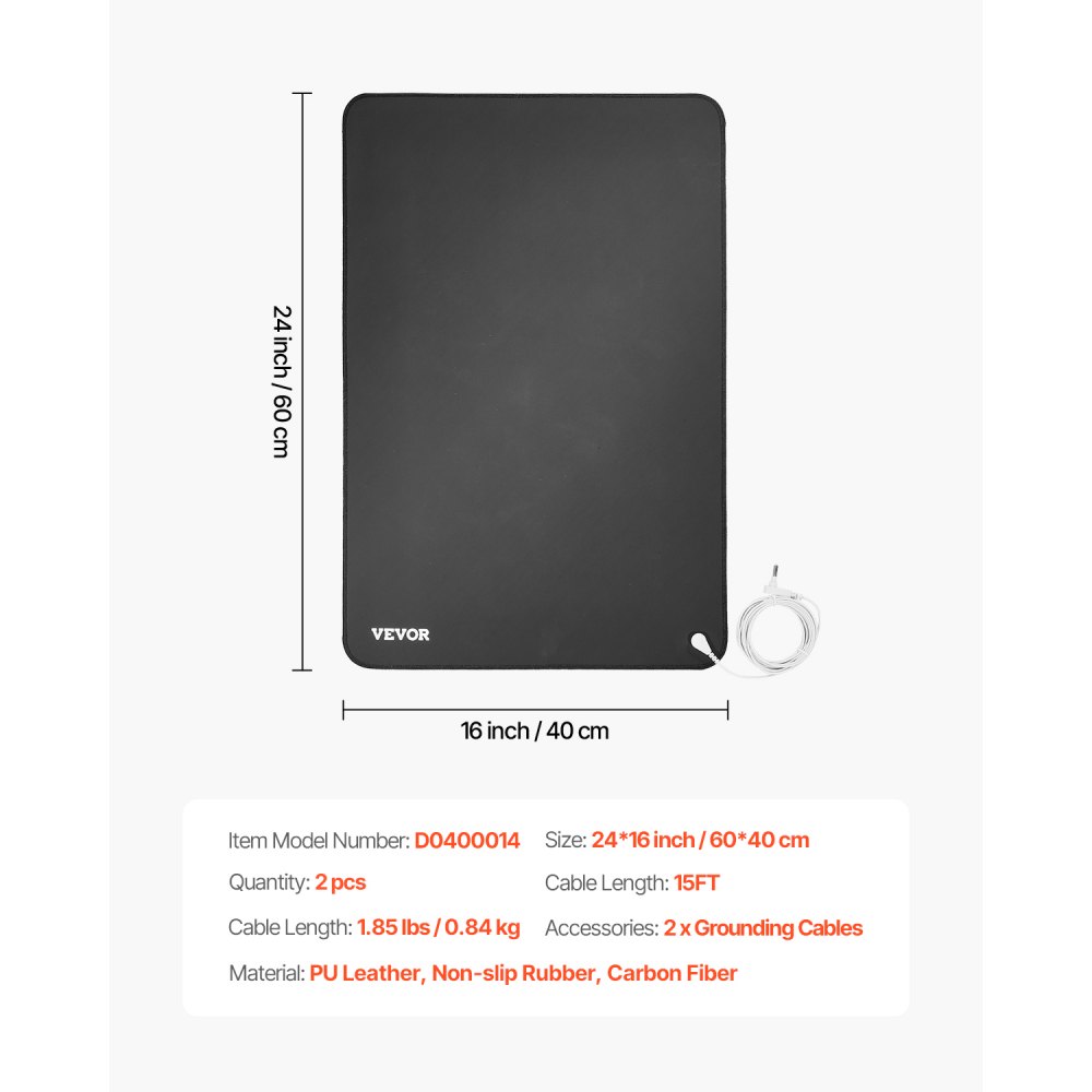 VEVOR Grounding Mat, 600 x 400 mm Anti-Slip PU Leather Earthing Mat (2 Packs), with 15 ft Grounding Cord, Grounding Pad for Sleep, Boost Energy, Improve Sleep, Reduce Anxiety at Home Office or Work