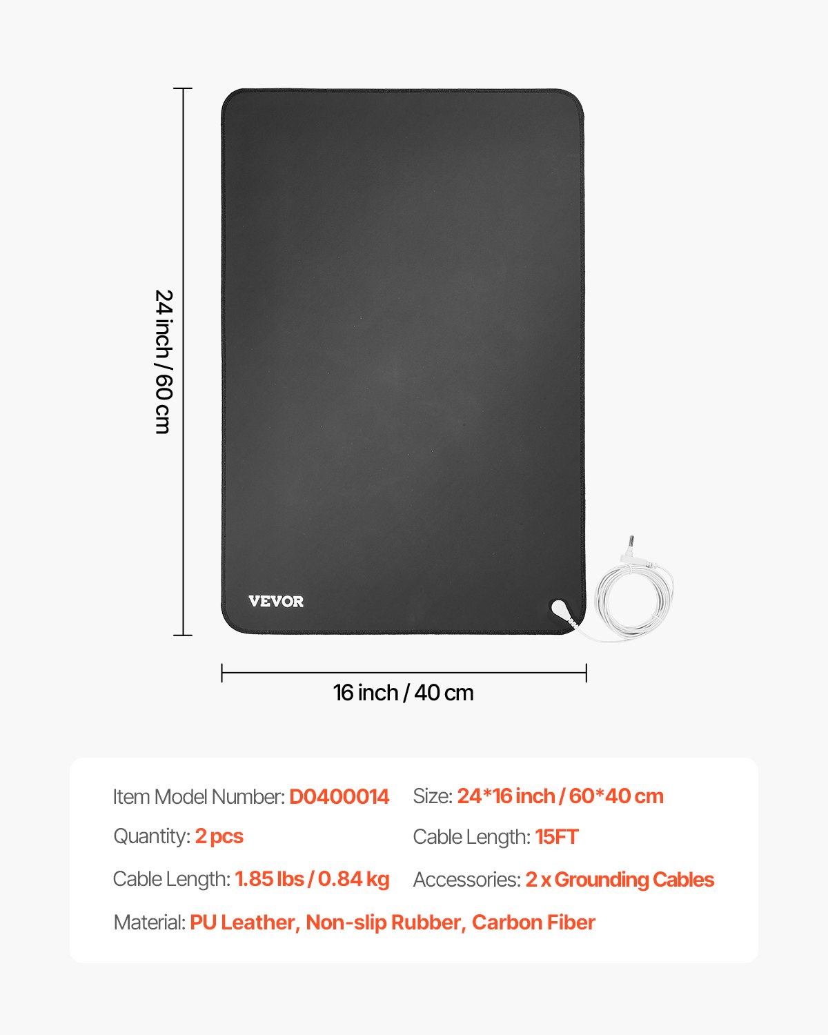 VEVOR Grounding Mat, 600 x 400 mm Anti-Slip PU Leather Earthing Mat (2 Packs), with 15 ft Grounding Cord, Grounding Pad for Sleep, Boost Energy, Improve Sleep, Reduce Anxiety at Home Office or Work